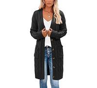 Kinstell Damen-Strickjacke, lange Ärmel, grobe Aran-Strickart, Zopfmuster, Boyfriend-Stil, groß, braun, Schwarz , S