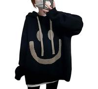 kiobrvhe Damen-Kapuzenpullover mit Smiley-Druck, übergroß, dick, trendig, lässig, Pullover, Sweatshirts, Y2K-Outfits, Schwarz, XXL