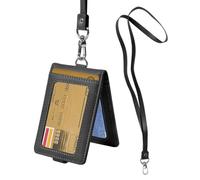 Kioiner Ausweishülle ID Kartenhalter PU Leder Ausweishalter mit Schlüsselband Umhängeband Karten Hülle Namensschild Abzeichenhalter Arbeitskartenhalter Kreditkartenetui für 5 Karten, Schwarz