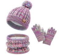 KIRAAT Kinder Winter Pom Beanie Hut Schal Handschuhe Set, Kleinkind Mädchen Warm gestrickte Fleece Futter Slouchy Cap für 3-10 Jahre (Regenbogen)