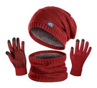 KIRAAT Wintermütze, Schal und Touchscreen-Handschuhe Set für Herren und Damen. Slouchy Strick-Skikhut und Nackenwärmer mit Fleece-Futter für Unisex(Rot)
