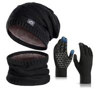 KIRAAT Wintermütze, Schal und Touchscreen-Handschuhe Set für Herren und Damen. Slouchy Strick-Skikhut und Nackenwärmer mit Fleece-Futter für Unisex (Schwarz)