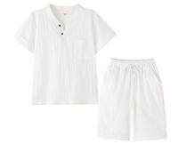 KISLOVE Jungen Sommer kleidung Henley Kragen Kurze Ärmel Hemd mit Shorts Baumwolle Leinen Set 2 Stück Kinder Lässig OutfitsWeiß 6 Jahre
