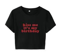 Kiss Me It's My Birthday Crop T-Shirt Frauen Mädchen Y2K Crop Top Lustige Buchstaben Print Rundhalsausschnitt Kurzarm Slim Fit T-Shirts