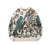 Kissonic Damen Dinosaurier-Pullover Vintage Oversized Cartoon Dino Pullover Rundhalsausschnitt Strickpullover, Weiss/opulenter Garten, Mittel