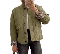 Kissonic Leichte Steppjacke für Damen, Knopfleiste, Leopardenfutter, gepolsterte Oberbekleidung mit Taschen, Army Grün, L