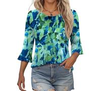 Kistore Bluse Damen Sommer Elegant 3/4 Langarmshirt Oberteil Classic Rundhalsausschnitt Tunika T-Shirts mit Falten Lässig Arbeit Hemdbluse für Frauen Grüne L