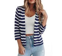 Kistore Damen 3/4 Ärmel Bolero Elegant Cardigan Leichter Sommer Kurzarm Cardigans für Damen Open Front Strickjacke Marineblaue Streifen M