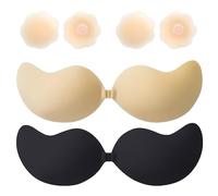 Kisvic Klebe BH Push up, 2 Stück Rückenfrei Trägerloser Kommen Sie mit 2 Paar Nippelpads, Wiederverwendbare Unsichtbarer Silikon Selbstklebender BH für Party, Hochzeit (Schwarz+Nude, D)