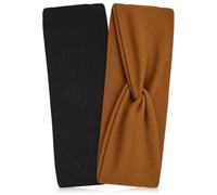 Kitsch Turban- und Boho-Stirnbänder aus recyceltem Stoff für Frauen - dicke, breite Workout-Stirnbänder, leicht & atmungsaktiv - Baumwolle, 2 Stück - Schwarz & Camel