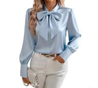 Kivivaka Damen Bluse mit Schleife Ausschnitt Langarm Satin wie Hemd Elegant Business Tops Solide Loose Fit Tunika S-2XL