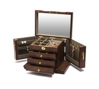 KiwiHood Retro Schmuckkästchen mit Schlüssel, 4-Ebenen Massivholz-Box mit 3 Schubladen & Schwingtüren, Sicherer Aufbewahrungsschrank mit Velvet-Polsterung für Ketten, Ringe & Uhren