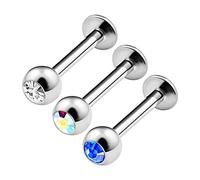 KJM FASHION 3 Stk Edelstahl Labret Monroe 1,6mm 14g 8 mm 5/16 Inch 4mm Kristallkugel Marilyn Monroe Monroe Tragus Vertical Labret Ohrringe Piercing Schmuck 3270