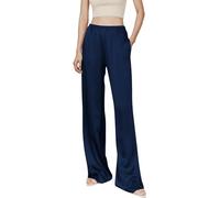 Kkaebi Damen-Satin-Seidenhose - Weites Bein, Kleid-Hose, elastische hohe Taille, fließend, lange Hose, Lounge-Hose mit Taschen, navy, M
