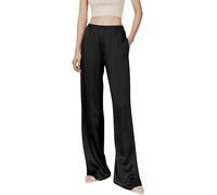 Kkaebi Damen-Satin-Seidenhose - Weites Bein, Kleidhose, elastische hohe Taille, fließende lange Hose, Lounge-Hose mit Taschen, Schwarz , L