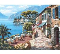 KKKKX Stickset Stickbilder Kreuzstich Vorgedruckt Café am Meer 40x50cm DIY Kunst Kreuzstich Kit Stickerei, geeignet für Anfänger für die Heimdekoration (14CT vorgedruckte Leinwand