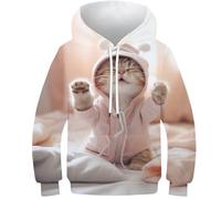 KKOLASXZE 3D Druck Katze trägt Pyjama Hoodie KapuzenpulLieber PulLieber Unisex Casual Hoody Sweatshirt Für Jungen Mädchen Mit Tasche 6-7Y