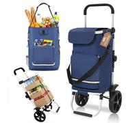 Sekey Premium Einkaufstrolley faltbar in Blau mit Spanngurt, Klappbarer Einkaufswagen inkl. Kühlfach & Getränkefach, 3-in-1 Trolley, Sackkarre & Umhängetasche, Ideal für Camping und Einkäufe