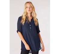 Klassische Bluse APRICOT "Top in Shimmeroptik", Damen, Gr. M (38), blau (navy), gewebt, Obermaterial: 65% Viskose CV. 35% Polyester PES., uni, normal, V-Ausschnitt, mit Umschlag, Blusen Bluse, mit Zie