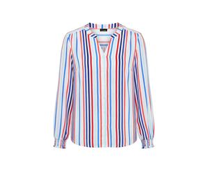 Klassische Bluse GOLDNER "Streifenbluse mit Smokdetails", Damen, Gr. 44, blau (blau, koralle, weiß, gestreift), Obermaterial: 100% Viskose CV., figurumspielend, V-Ausschnitt, Blusen Bluse, Sattel an S