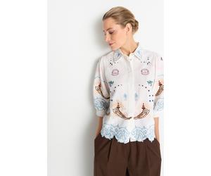 Klassische Bluse RICHROYAL, Damen, Gr. 42, bunt (weiß), Web, Obermaterial: 55% Baumwolle, 45% Leinen, unifarben, regular fit taillenbedeckt, Rundhals, eingesetzt angesetztes Bündchen, Blusen Bluse, Re