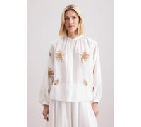 Klassische Bluse SEIDENSTICKER "Schwarze Rose", Damen, Gr. M (38), beige (ecru), 62% Viskose, 25% Polyamid, 13% Leinen, unifarben, oversize, Rundhals, Blusen, 1/1 Rundhals Stickerei (90786608-38) ecru