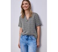 Klassische Bluse STREET ONE, Damen, Gr. 44, shadowed navy, Stoff, 100% Viskose, Minimalmuster, klassisch normal, V-Ausschnitt, Bündchen, Blusen Bluse, mit Turn-Up Funktion (72376337-44) shadowed navy