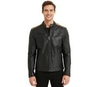 Klassische schwarze gesteppte Bikerjacke aus Leder für Herren mit gelben Streifen - Velocity XL