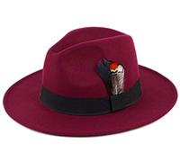 Klassischer Fedora-Hut für Damen und Herren, breite Krempe, Panamahut mit schwarzem Band und Feder - Rot - 54/57 cm (M)