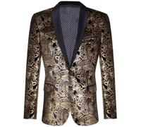 Klassischer Smoking-Blazer für Herren aus schwarzem Samt mit goldenem Paisleymuster und maßgeschneiderter Passform 46 (Brust)
