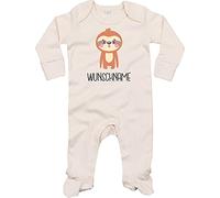 Kleckerliese Baby Body Schlafanzug Strampler Langarm Junge Mädchen Tiere Faultier Wunschname personalisiert Name Wunschtext, Natural 3-6 Monate