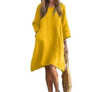 Kleid A Linie Damen, Strandkleid Damen Große Größen Sommerkleid Kurz Locker Baumwolle Leinen Kleid Einfarbig Rundhals 3/4 Ärmel Tshirt Kleider Casual Tunikakleid Leicht A-Linie Shirtkleid Loose