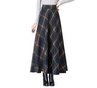 Kleid Boho Damen Lang Lässiger Retro-Rock für Damen, klassischer, Karierter, hoch taillierter Taschen-Reißverschlussrock Damenrock Winter Knielang (Dark Blue, L)