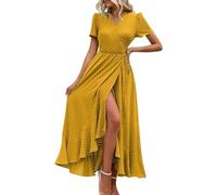 Kleid Cocktailkleid Damen Sommer | Lang Vokuhila Kleid mit Gürtel Kurzarm A Linie Maxikleid Freizeit Swing Wickelkleid M Orange
