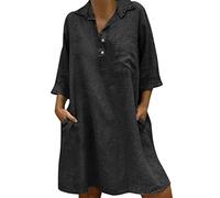 Kleid Damen 3/4 Arm Sommerkleid Damen Knielang Hemdkleid Damen Blusenkleid V Ausschnitt Knöpfen mit Tasche Shirtkleid Lässig Lockere Tunika Kleider Strandkleid Freizeitkleid Blusenkleid Minikleid