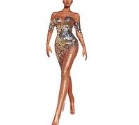 Kleid Damen, Abendkleider Damen Pailletten Schulterfrei Tiefem V-Ausschnitt Lang Abendkleid Transparent Mesh Maxikleid Elegant Slim Fit Wickelkleid Festlich Cocktail Hochzeit Partykleid