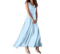 Kleid Damen Ärmellos Lang Sommerkleid Leicht Freizeitkleider Elegant A-Linie Boho Kleid V Ausschnitt Strandkleid Casual Hawaiikleidung Maxikleid Dress Dresses for Women Summer(#C Sky Blue,M)