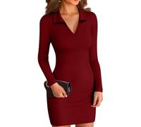 Kleid Damen Curvy Elegant Langarm Winterkleid Damen V Ausschnitt Herbstkleid Figurbetontes Mit Kragen Pulloverkleid Winter Kurz Stretch Shirtkleid Langärmeliges Kleider Einfarbig Damenkleider