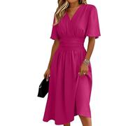Kleid Damen,Damen Sommer Kleider Kurzarm Midikleider Locker Abendkleid Lang Midikleid Strandkleid Freizeitkleider Leicht Luftig A Linie Sommerkleider Partykleid Hohe Taille Wickelkleid(Heißpink,XXL)