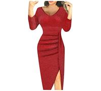 Kleid Damen Elegant Abendkleid Damen Langes Kleid Damen&I3 Sexy Pailletten Split V-Ausschnitt Midi Kleid Hohe Taille Enge Ballkleid Elegant Langarm Partykleid Rot XL