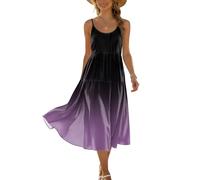 Kleid Damen Elegant Boho Kleid Damen Ärmellos Freizeitkleid Trägerkleid Rundhals Verstellbar Midikleid Sommerkleid Leicht Luftiges Swing XXL C Dark Purple
