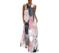 Kleid Damen Elegant Cartoon Schöne Katze Drucken V-Ausschnitt Ärmellos Maxi Kleid Mit Tasche Sexy Locker Langkleid Sommer Freizeitkleid Große Größen Strandkleid Sommerkleid