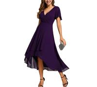 Kleid Damen Elegant,Damen Chiffon Kleider mit V Ausschnitt Plissierte Taille Rüschen Kurze Ärmel Knielang Formelles Kleid Teeparty Swing A Linie Abendparty Abschlussball Cocktail Dunkelviolett S