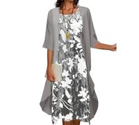 Kleid Damen Elegant Für Hochzeit 42 - Abendkleider 2 Teilig Kleider 3/4 Arm Chiffonkleid Festlich Mollige Frauen A-Linie Sommerkleid Vintage Cocktailkleid Hochzeitsgäste Kleider Für Brautmutter