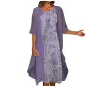 Kleid Damen Elegant Für Hochzeit 42 - Abendkleider 2 Teilig Kleider 3/4 Arm Chiffonkleid Festlich Mollige Frauen A-Linie Sommerkleid Vintage Cocktailkleid Hochzeitsgäste Kleider Für Brautmutter