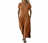 Kleid Damen Elegant,Kurzarm Sommerkeider Knielange Hochzeitsgast Kleider Strandkleid Maxikleid V Ausschnitt Midikleid Sommerkleider Loose Luftig Wickelkleid Freizeitkleid Mit Tasche(1-Orange,M)