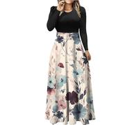 Kleid Damen Elegant Lang - Damen-Herbstkleid LäSsig Modisch Bedruckt Rundhalsausschnitt Lange ÄRmel Patchwork Langer Rock Umstandsmode Kleid Festlich
