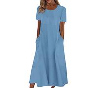 Kleid Damen Elegant Sommer A Linie Sommerkleid Damen Midi mit Ärmel Sommerkleider Leicht Und Luftig Kleider Frauen Kurzen Ärmeln Midikleid Mit Taschen Damenkleider Einfarbig Strandkleid