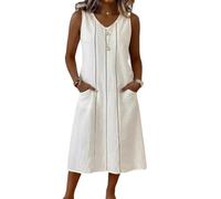 Kleid Damen Elegant,Sommerkleid Ärmelloses Rundhals Cocktailkleid V-Ausschnitt A-Linie Sommer Leinenkleid Lockere Einfarbige Sommerkleider Leichtes Luftig Midikleid Strandkleid Mit Taschen(Weiß,XXL)