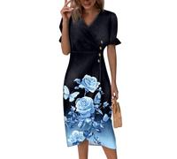 Kleid Damen Elegant,Sommerkleid Kurzarm V-Ausschnitt Hochzeitsgast V-Ausschnitt Wickelkleid Midikleid Vintage Blumen Strandkleid Sommerkleider Knopf Klassische Partykleid Abendkleid(1-Marine,XL)